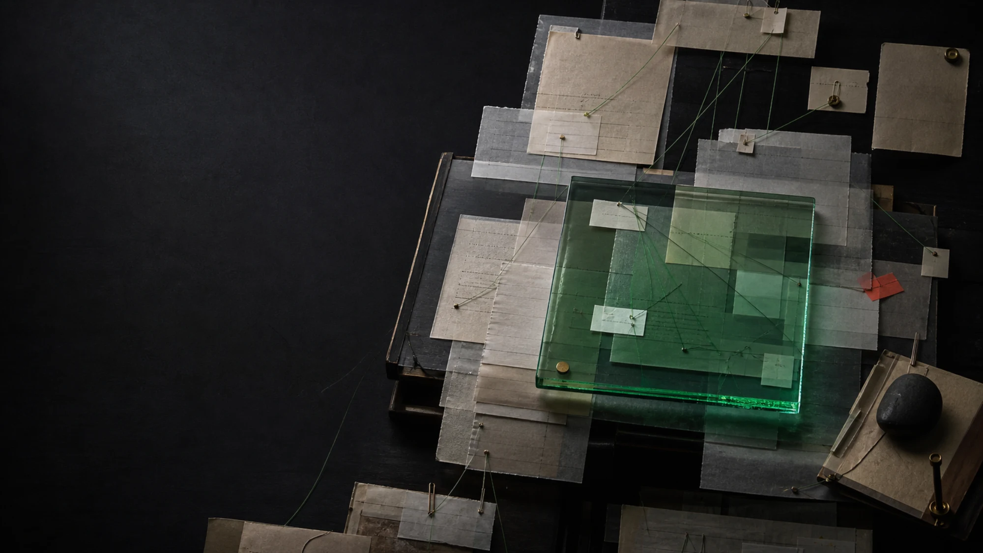Layered paper notes connected beneath a green archival glass plate
